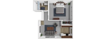 A 3D rendered image of a modern bedroom with a bed, a couch, a TV, and a shelf with a plant.