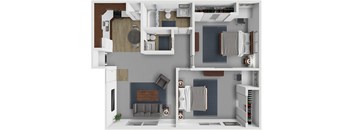 A 3D floor plan of a small apartment with a kitchen, living room, and bedroom.