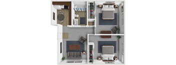 A diagram of a small apartment with a kitchen, living room, and bathroom.