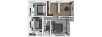 A top-down view of a modern apartment layout with a kitchen, living room, and bedroom.