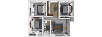 A 3D floor plan of a small apartment with a kitchen, living room, and bathroom.