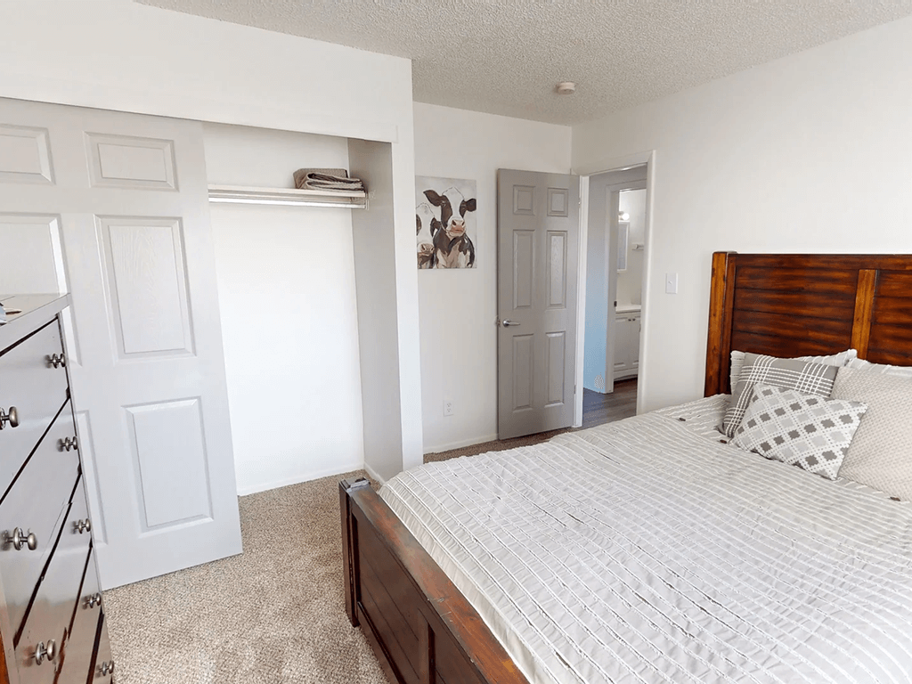 A bedroom with a large bed and a dresser.