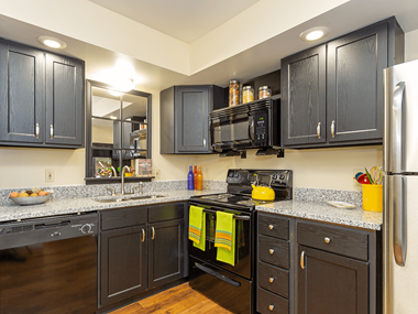 beautiful kitchen with dark cabinets and plenty of counter space