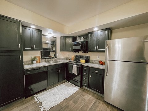 a kitchen with stainless steel appliances and black cabinets