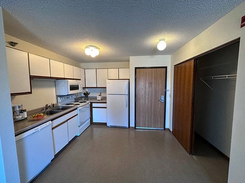 a kitchen with white cabinets and a refrigerator and a sink