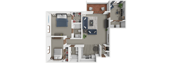 A 3D rendered image of a small apartment layout.
