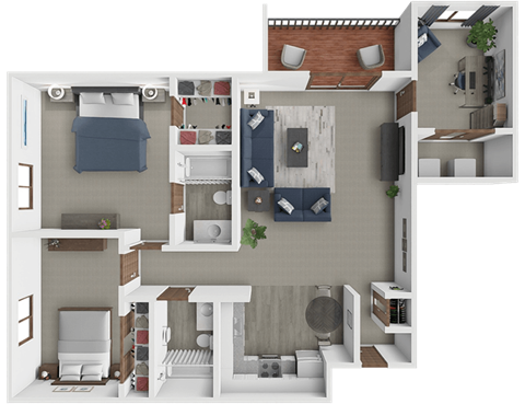 A 3D rendered image of a small apartment layout.