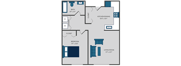 1 bedroom floor plan with in-unit Washer and Dryer