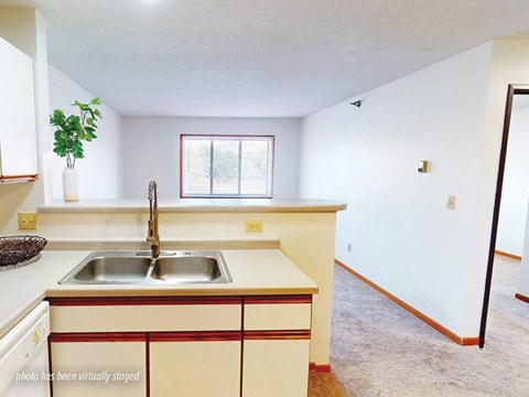 A kitchen with a sink and a window.