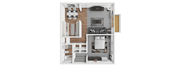 a 3d floor plan of a house with a bedroom and a living room