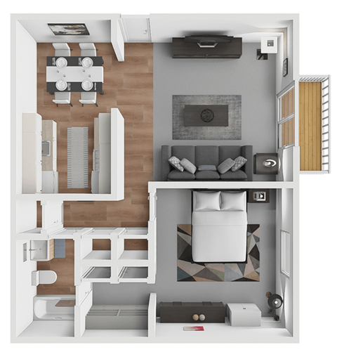 a 3d floor plan of a house with a bedroom and a living room