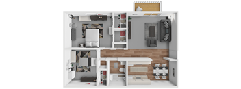 a 3d rendering of a 1 bedroom floor plan with a bathroom and living room