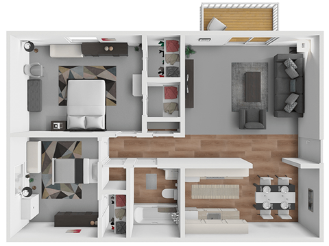 a 3d rendering of a 1 bedroom floor plan with a bathroom and living room