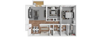 a 3d rendering of a 1 bedroom floor plan with a bathroom and living room