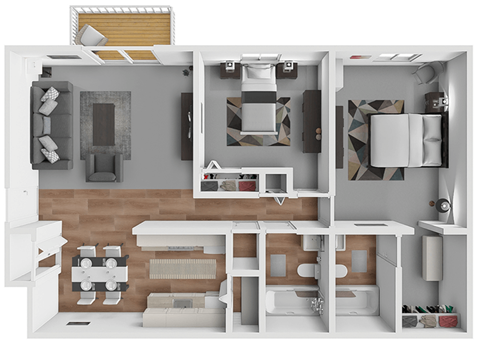 a 3d rendering of a 1 bedroom floor plan with a bathroom and living room