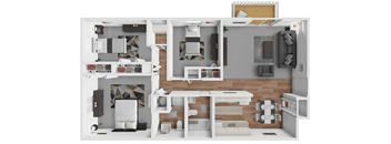 a 3d rendering of a 3 bedroom house with a wood floor