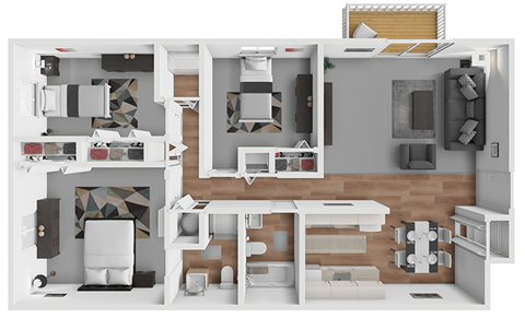 a 3d rendering of a 3 bedroom house with a wood floor