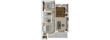 A floor plan of a small apartment with a kitchen, living room, and bathroom.