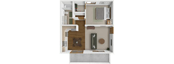 A 3D floor plan of a small apartment with a living room, kitchen, and bathroom.
