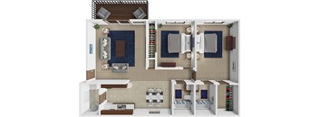 A 3D floor plan of a small apartment with a kitchen, living room, and bedrooms.