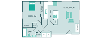 one bedroom one bathroom floor plan with fireplace