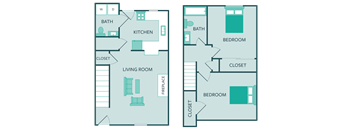 two bedroom one and a half bathroom floor plan