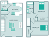 two bedroom one and a half bathroom floor plan