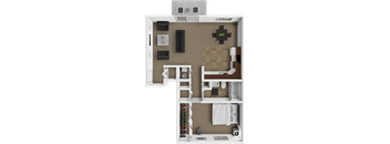 A 3D floor plan of a small apartment with a kitchen, living room, and bathroom.