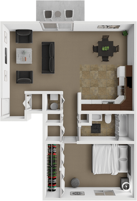 A 3D floor plan of a small apartment with a kitchen, living room, and bathroom.