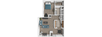 A floor plan of a small apartment with a bedroom, living room, and kitchen.
