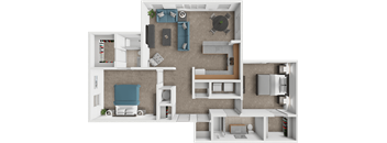 A top-down view of a small apartment layout with a living room, kitchen, and bedroom.