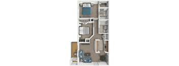 A top-down view of a small apartment layout with a kitchen, living room, and bedroom.