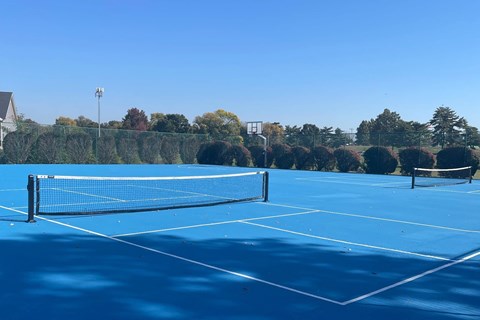 A blue tennis court with a net and two posts.