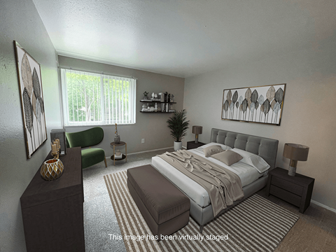 a rendering of a bedroom with a bed and a couch