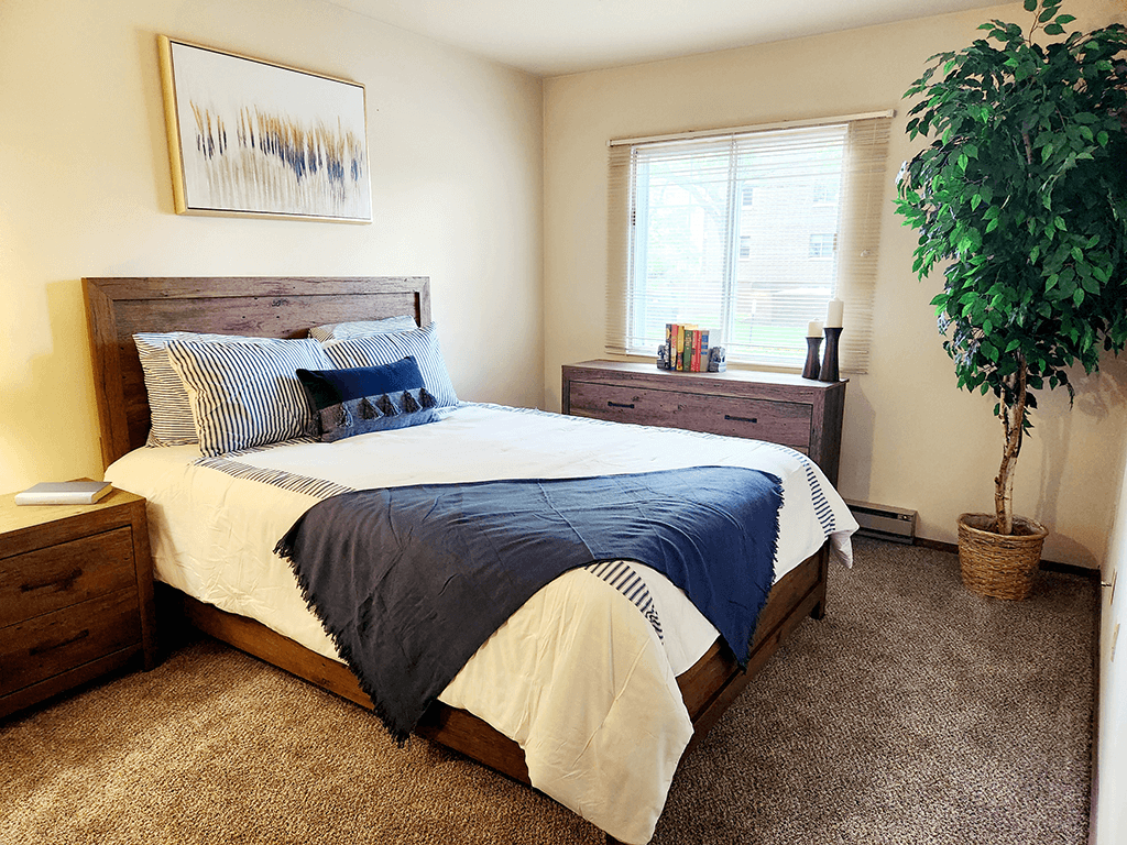 a bedroom with a window