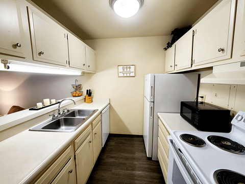 a kitchen with a stove sink and refrigerator