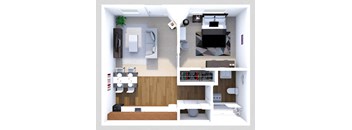 a drawing of a one bedroom apartment with a bathroom and living room