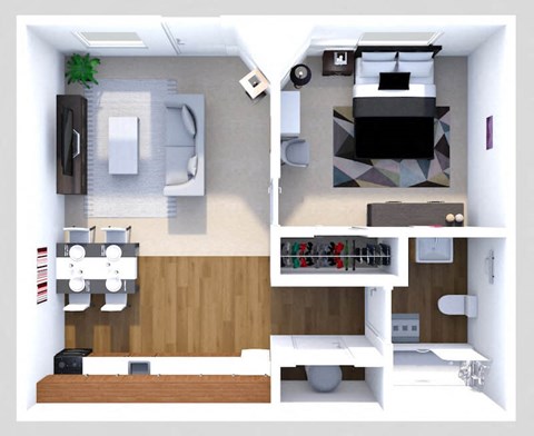 a drawing of a one bedroom apartment with a bathroom and living room