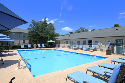 A large blue swimming pool surrounded by sun loungers and umbrellas.