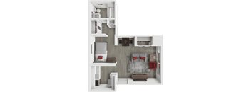 A 3D rendered image of a modern apartment layout.