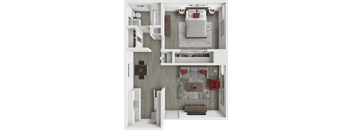 A modern apartment with a bedroom, living room, and kitchen.