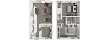 A 3D rendered image of a modern apartment layout.