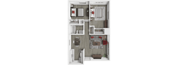 A 3D rendered image of a small apartment layout.