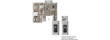 A 3D floor plan of a two-story home with a garage on the first floor and a living room on the second floor.