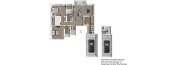 A floor plan of a two-story home with a garage on the second floor.