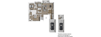 A floor plan of a two-story home with a garage on the first floor and a living room on the second floor.