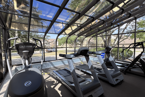 A treadmill and a stationary bike are inside a gym with a glass ceiling.