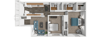 A 3D rendered image of a modern apartment layout.