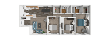 A 3D floor plan of a house showing a kitchen, living room, and two bedrooms.