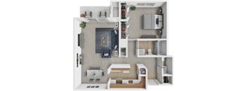 A 3D floor plan of a modern apartment with a kitchen, living room, and bedrooms.